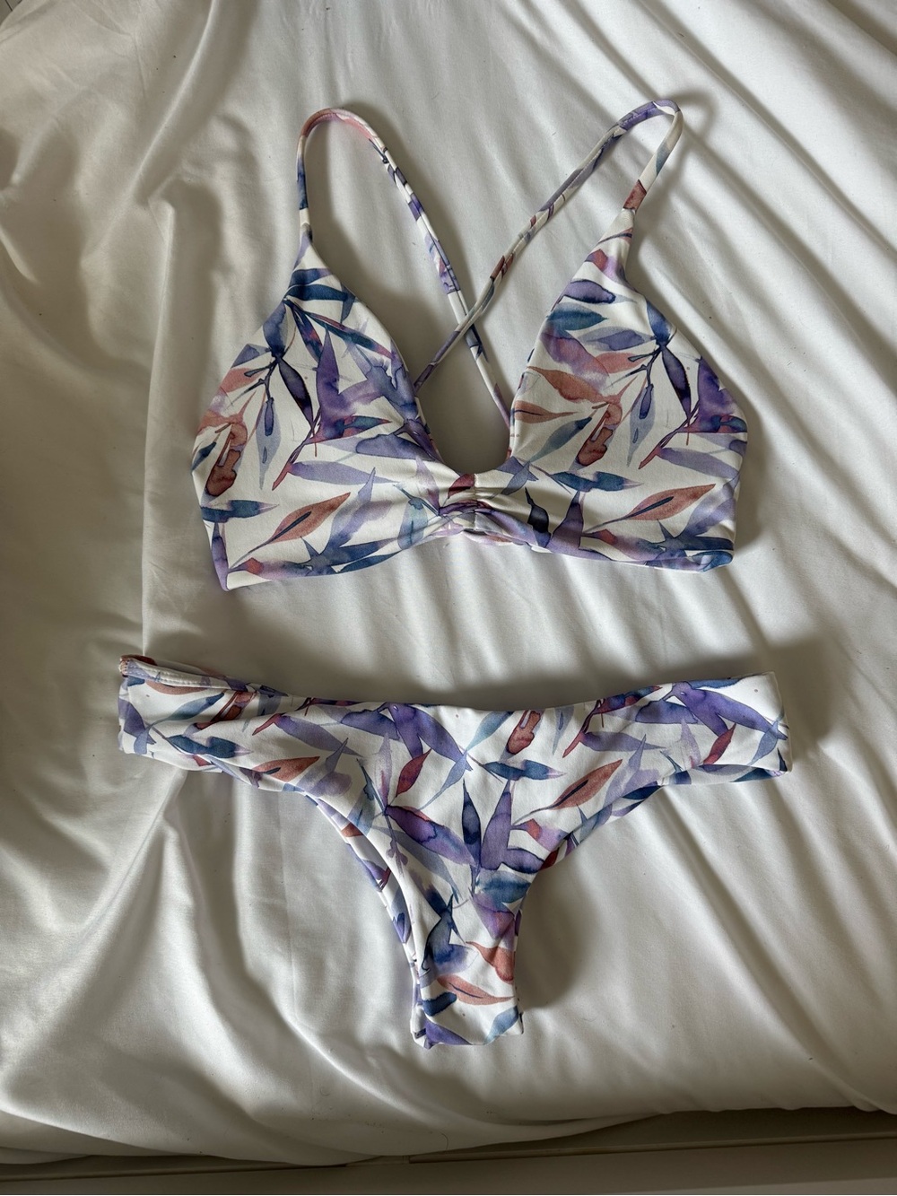 Midori Floral Watercolor Lace-Up Bikini Set Small Top Medium Bottom